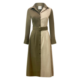 Khaki Two Tone Long Sleeves Shirt Dress - Kate