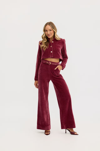 “Lucia” Cropped Corduroy Jacket in Rasberry