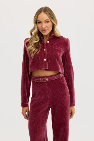 “Lucia” Cropped Corduroy Jacket in Rasberry