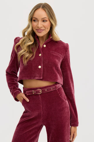 “Lucia” Cropped Corduroy Jacket in Rasberry