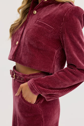 “Lucia” Cropped Corduroy Jacket in Rasberry