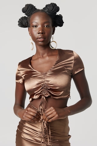 Shimmer Satin Ruched Top Chocolate