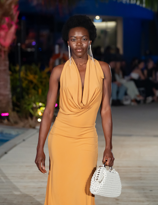 Why Mary 'Ri Ri' Mustard Cowl Neck Halter Dress
