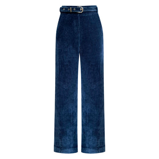 “Odessa” Stretch Corduroy High Waisted Pants in Denim Blue
