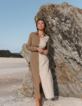 Khaki Two Tone Long Sleeves Shirt Dress - Kate