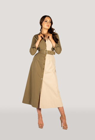 Khaki Two Tone Long Sleeves Shirt Dress - Kate
