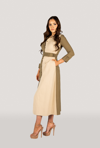 Khaki Two Tone Long Sleeves Shirt Dress - Kate