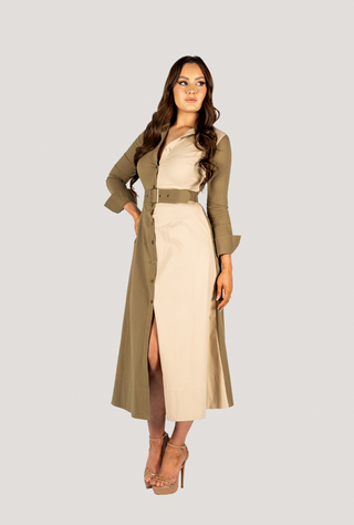 Khaki Two Tone Long Sleeves Shirt Dress - Kate