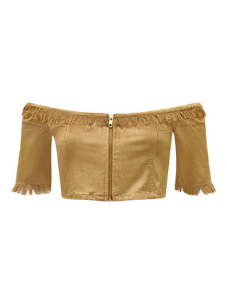 Off the Shoulder Gold Velvet Crop Top with 3/4 Sleeves "Harmonia"