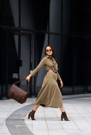 Khaki Two Tone Long Sleeves Shirt Dress - Kate