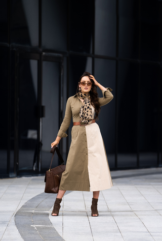 Khaki Two Tone Long Sleeves Shirt Dress - Kate