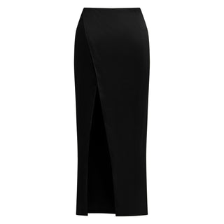 “Cleo” Black Satin Long Slit Skirt