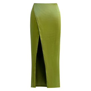Cleo Chartreuse Satin Long Slit Maxi Skirt
