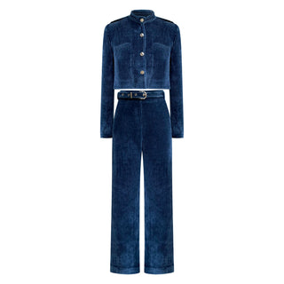 “Odessa” Stretch Corduroy High Waisted Pants in Denim Blue