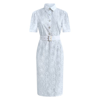 “Lana” White Cotton Lace Collared Pencil Dress
