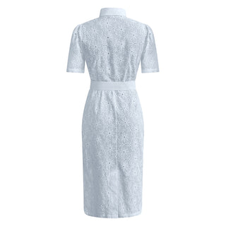 “Lana” White Cotton Lace Collared Pencil Dress