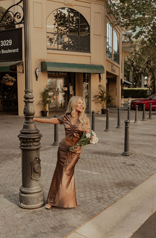 Shimmer Satin Rouched Skirt Chocolate