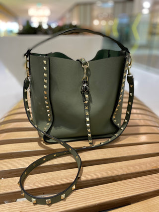 INKA Leather Shoulder Bucket Bag - Sage Studded