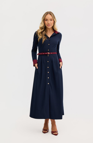 “Marion” A-Line Classic Midi Dress in Navy and Maroon