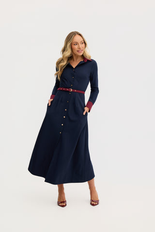 “Marion” A-Line Classic Midi Dress in Navy and Maroon