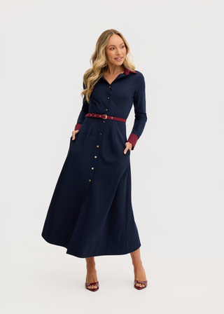 “Marion” A-Line Classic Midi Dress in Navy and Maroon