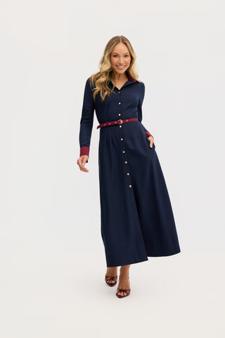 “Marion” A-Line Classic Midi Dress in Navy and Maroon