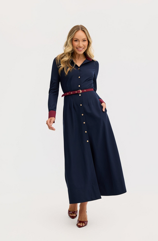“Marion” A-Line Classic Midi Dress in Navy and Maroon