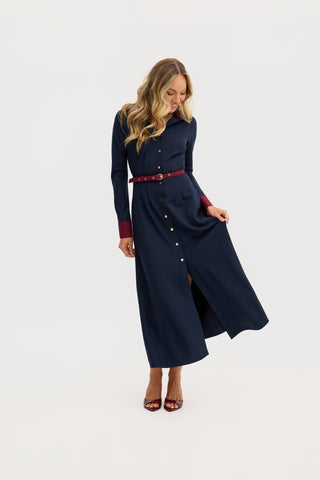 “Marion” A-Line Classic Midi Dress in Navy and Maroon