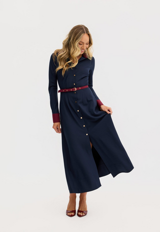 “Marion” A-Line Classic Midi Dress in Navy and Maroon