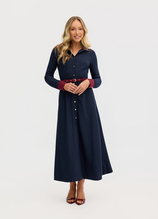 “Marion” A-Line Classic Midi Dress in Navy and Maroon