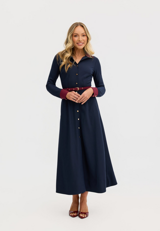 “Marion” A-Line Classic Midi Dress in Navy and Maroon