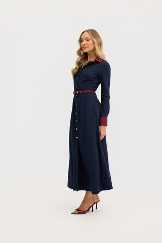 “Marion” A-Line Classic Midi Dress in Navy and Maroon