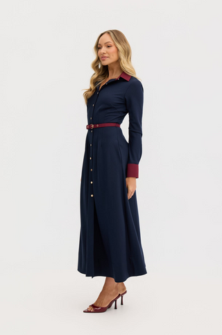 “Marion” A-Line Classic Midi Dress in Navy and Maroon