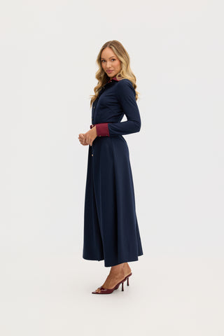 “Marion” A-Line Classic Midi Dress in Navy and Maroon