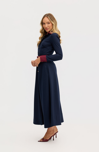“Marion” A-Line Classic Midi Dress in Navy and Maroon