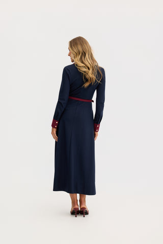 “Marion” A-Line Classic Midi Dress in Navy and Maroon