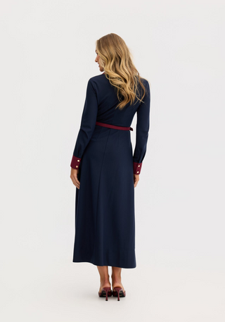 “Marion” A-Line Classic Midi Dress in Navy and Maroon