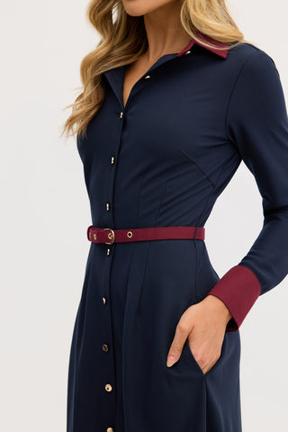 “Marion” A-Line Classic Midi Dress in Navy and Maroon
