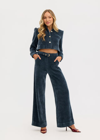 “Odessa” Stretch Corduroy High Waisted Pants in Denim Blue