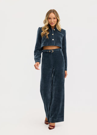 “Odessa” Stretch Corduroy High Waisted Pants in Denim Blue
