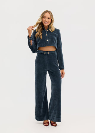 “Odessa” Stretch Corduroy High Waisted Pants in Denim Blue