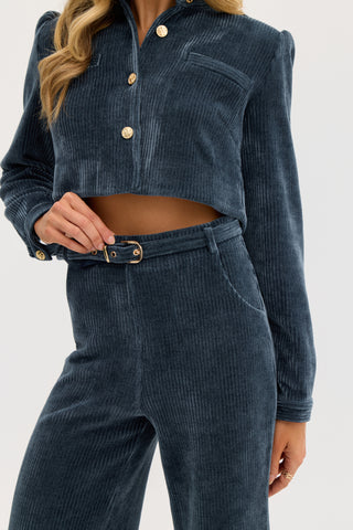 “Odessa” Stretch Corduroy High Waisted Pants in Denim Blue