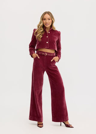 “Odessa” Stretch Corduroy High Waisted Pants in Raspberry