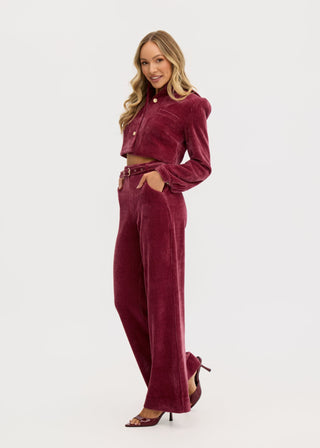 “Odessa” Stretch Corduroy High Waisted Pants in Raspberry