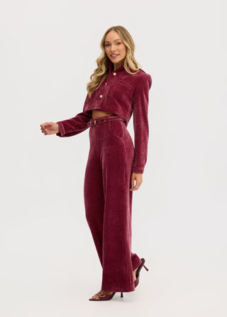 “Odessa” Stretch Corduroy High Waisted Pants in Raspberry