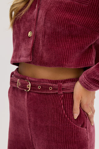 “Odessa” Stretch Corduroy High Waisted Pants in Raspberry