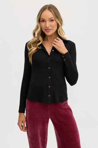 “Simona” Fitted Black Bamboo Long Sleeve Shirt