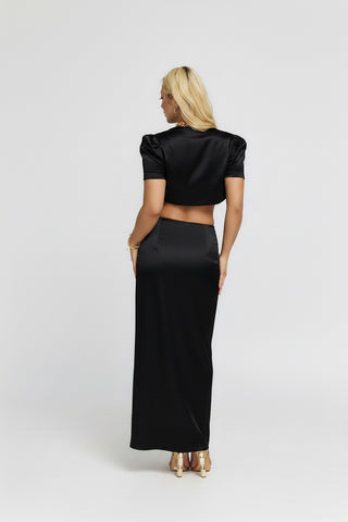 “Cleo” Black Satin Long Slit Skirt