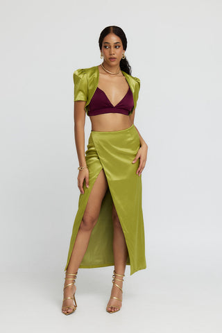 Cleo Chartreuse Satin Long Slit Maxi Skirt