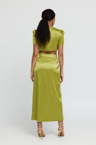 Cleo Chartreuse Satin Long Slit Maxi Skirt